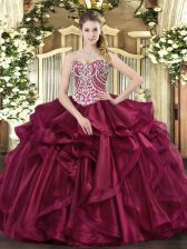  Wine Red Sweetheart Neckline Beading and Ruffles Sweet 16 Quinceanera Dress Sleeveless Lace Up