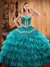 Stylish Sleeveless Satin and Organza Floor Length Lace Up Quinceanera Gowns in Teal with Embroidery and Ruffled Layers