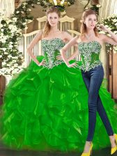 Discount Floor Length Lace Up Quinceanera Gowns Green for Military Ball and Sweet 16 and Quinceanera with Beading and Ruffles