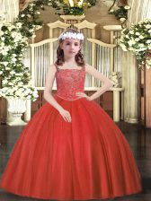  Red Ball Gowns Straps Sleeveless Tulle Floor Length Zipper Beading Pageant Dress Toddler