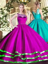  Fuchsia Lace Up Scoop Beading and Ruffled Layers Sweet 16 Dresses Organza Sleeveless