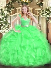 Flirting V-neck Sleeveless Quinceanera Gown Floor Length Beading and Ruffles Green Tulle