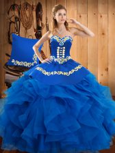 Custom Made Blue Ball Gowns Satin and Organza Sweetheart Sleeveless Embroidery and Ruffles Floor Length Lace Up Vestidos de Quinceanera