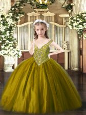  Brown V-neck Neckline Beading Pageant Dress Toddler Sleeveless Lace Up