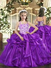  Eggplant Purple Ball Gowns Straps Sleeveless Organza Floor Length Lace Up Beading and Ruffles Winning Pageant Gowns