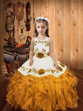  Embroidery and Ruffles Little Girls Pageant Gowns Gold Zipper Sleeveless Floor Length