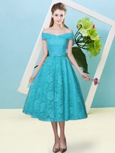  Bowknot Court Dresses for Sweet 16 Teal Lace Up Cap Sleeves Tea Length
