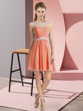 Super Cap Sleeves Mini Length Beading Lace Up Dress for Prom with Orange Red