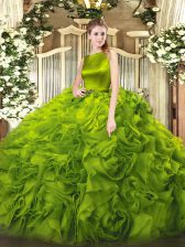  Olive Green Sleeveless Belt Floor Length Quince Ball Gowns