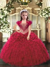 Attractive Red Organza Lace Up Straps Sleeveless Floor Length Pageant Dress for Teens Beading and Ruffles