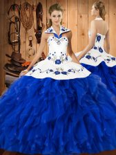 Gorgeous Satin and Organza Sleeveless Floor Length Quince Ball Gowns and Embroidery and Ruffles
