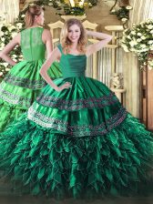 High End Dark Green Ball Gowns Beading and Lace and Ruffles Quinceanera Dress Zipper Organza Sleeveless Floor Length