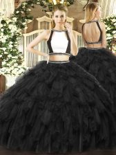 Unique Black Sleeveless Floor Length Ruffles Backless 15th Birthday Dress