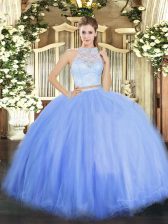 Pretty Blue Two Pieces Lace Ball Gown Prom Dress Zipper Tulle Sleeveless Floor Length