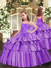 Gorgeous Sleeveless Taffeta Floor Length Lace Up Pageant Gowns For Girls in Lavender with Beading and Ruffled Layers