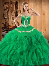 Colorful Floor Length Lace Up Quinceanera Dress Green for Military Ball and Sweet 16 and Quinceanera with Embroidery and Ruffles