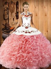  Halter Top Sleeveless Lace Up Quinceanera Dresses Watermelon Red Fabric With Rolling Flowers