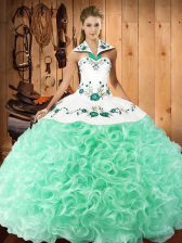 Unique Apple Green Ball Gowns Halter Top Sleeveless Fabric With Rolling Flowers Floor Length Lace Up Embroidery Sweet 16 Dress