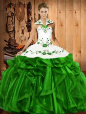 Dazzling Halter Top Sleeveless Vestidos de Quinceanera Floor Length Embroidery and Ruffles Satin and Organza