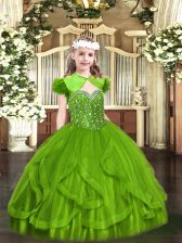  Straps Sleeveless Little Girls Pageant Dress Wholesale Floor Length Beading and Ruffles Tulle