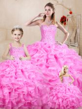  Beading and Ruffles Vestidos de Quinceanera Rose Pink Lace Up Sleeveless Floor Length