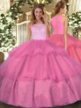 Traditional Scoop Sleeveless Organza Sweet 16 Dresses Lace and Ruffled Layers Clasp Handle