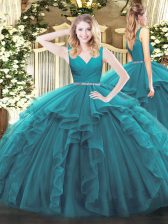  Beading and Ruffles Quinceanera Gowns Teal Zipper Sleeveless Floor Length