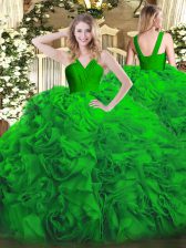  V-neck Sleeveless Fabric With Rolling Flowers 15th Birthday Dress Ruffles Zipper