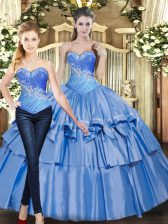 Modern Baby Blue Ball Gowns Beading and Ruffled Layers Quinceanera Dress Lace Up Tulle Sleeveless Floor Length
