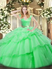 Amazing V-neck Sleeveless 15 Quinceanera Dress Floor Length Ruffled Layers Green Organza