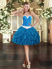 Ideal Blue Organza Lace Up Prom Party Dress Sleeveless Mini Length Appliques and Ruffles