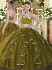 Sexy Olive Green Ball Gowns Beading and Ruffles 15 Quinceanera Dress Backless Organza Sleeveless Floor Length