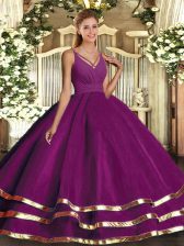  Floor Length Backless Vestidos de Quinceanera Purple for Sweet 16 and Quinceanera with Ruffled Layers