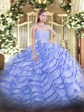 Lovely Blue Organza Lace Up Sweetheart Sleeveless Quinceanera Dress Brush Train Beading and Ruffled Layers