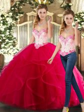 Pretty Hot Pink Sleeveless Beading and Ruffles Floor Length Ball Gown Prom Dress
