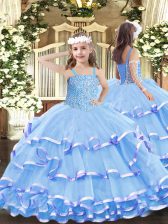  Aqua Blue Sleeveless Floor Length Beading and Ruffled Layers Lace Up Little Girls Pageant Dress