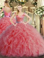  V-neck Sleeveless Ball Gown Prom Dress Floor Length Ruffles Watermelon Red Organza