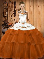  Brush Train Ball Gowns Sweet 16 Dress Rust Red Halter Top Satin and Organza Sleeveless Lace Up