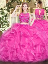  Sleeveless Tulle Floor Length Zipper 15 Quinceanera Dress in Hot Pink with Beading and Ruffles