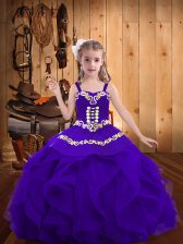 Trendy Eggplant Purple Organza Lace Up Straps Sleeveless Floor Length Kids Formal Wear Embroidery and Ruffles