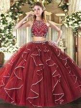 Great High-neck Sleeveless Vestidos de Quinceanera Floor Length Beading and Ruffles Burgundy Tulle