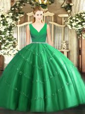 Glamorous Tulle V-neck Sleeveless Zipper Beading 15th Birthday Dress in Green