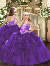 Luxurious Organza V-neck Sleeveless Lace Up Beading and Ruffles Little Girls Pageant Dress Wholesale in Purple