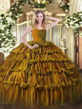  Brown Ball Gowns Organza Straps Sleeveless Ruffled Layers Floor Length Zipper Sweet 16 Quinceanera Dress