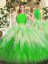 Ideal Green Sleeveless Lace and Ruffles Floor Length Quinceanera Dresses