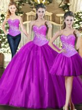 Ideal Fuchsia Ball Gowns Sweetheart Sleeveless Tulle Floor Length Lace Up Beading Sweet 16 Dresses