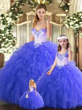 Chic Blue Ball Gowns Tulle Sweetheart Sleeveless Beading and Ruffles Floor Length Lace Up Sweet 16 Quinceanera Dress