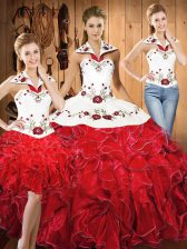 Stunning White And Red Sleeveless Floor Length Embroidery and Ruffles Lace Up Ball Gown Prom Dress