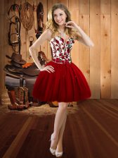 Delicate Wine Red Lace Up Prom Gown Embroidery Sleeveless Mini Length
