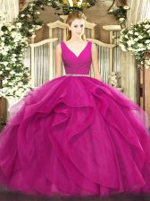 Modern V-neck Sleeveless Tulle Sweet 16 Dress Beading and Ruffles Zipper